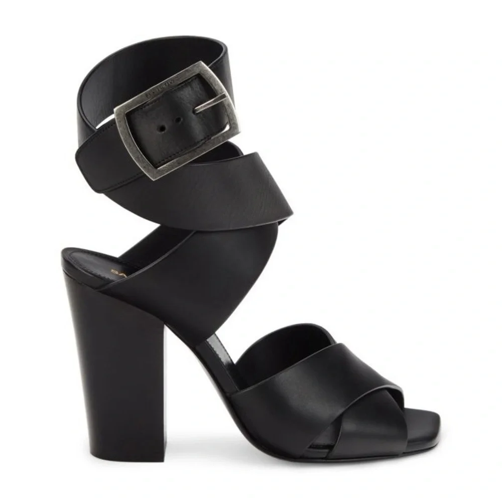 Saint Laurent Oak 100 Buckle Strappy Square Toe Sandal Block Heels Glam Black 36 - Picture 2 of 15